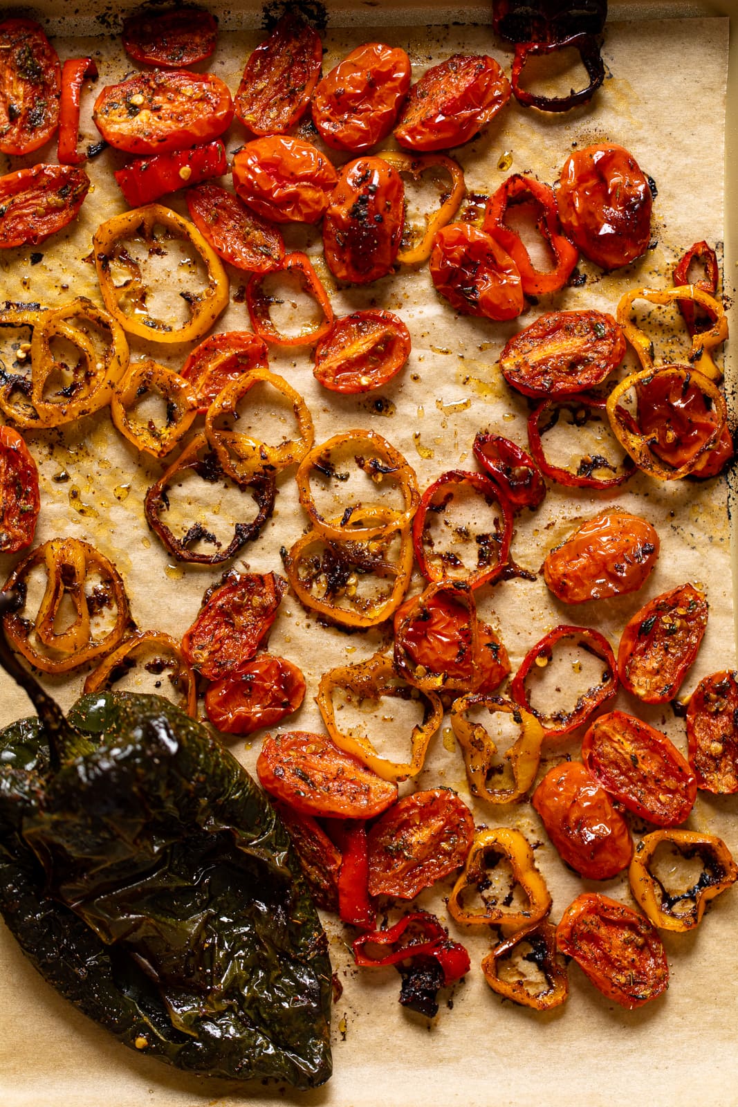 Tray of roasted peppers and tomatoes