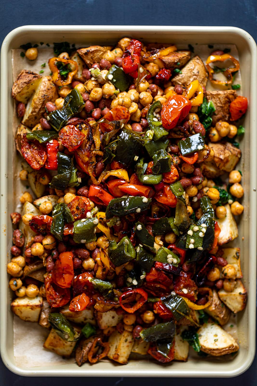 Overhead shot of a tray of Loaded Potatoes with Spicy Beans