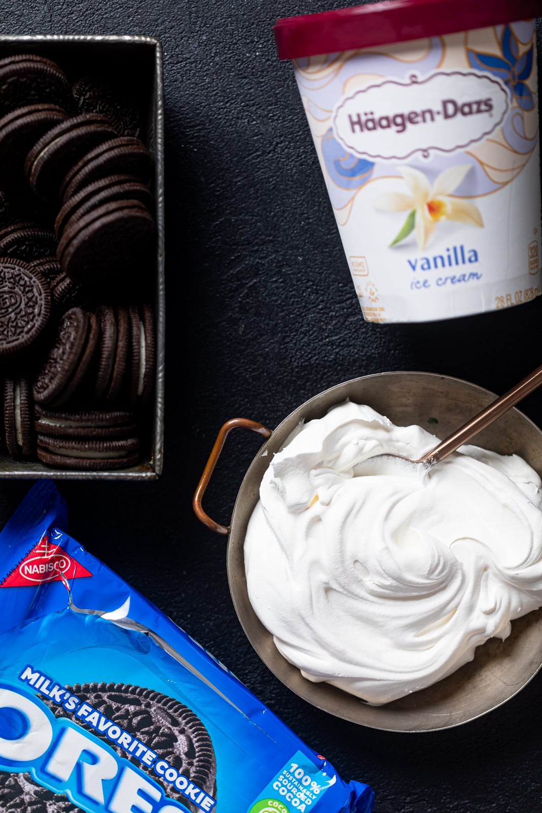 Oreos, vanilla ice cream, and whipped cream