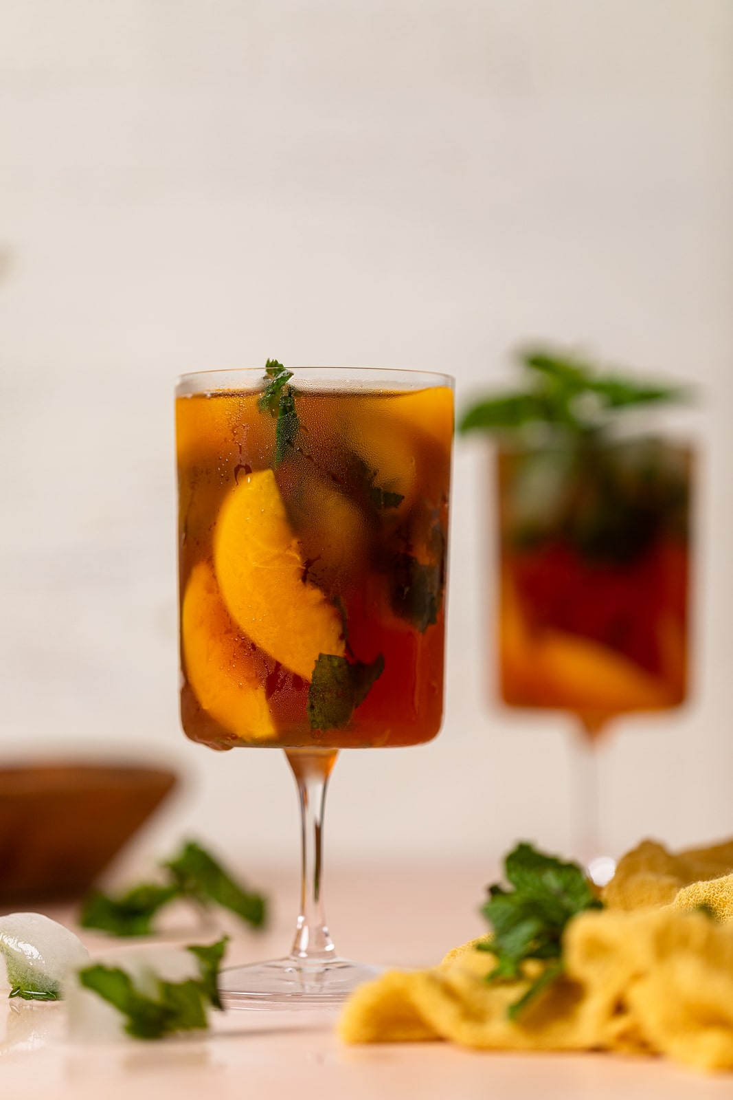 Closeup of a glass of Southern Peach Iced Tea