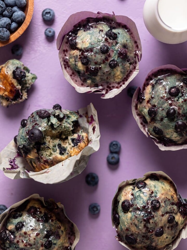 Overhead shot of several Vegan Roasted Blueberry Muffins