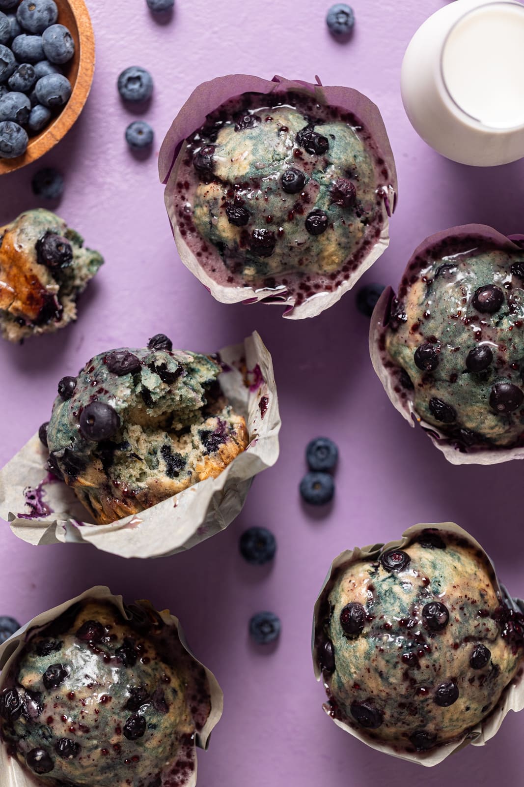 Overhead shot of several Vegan Roasted Blueberry Muffins