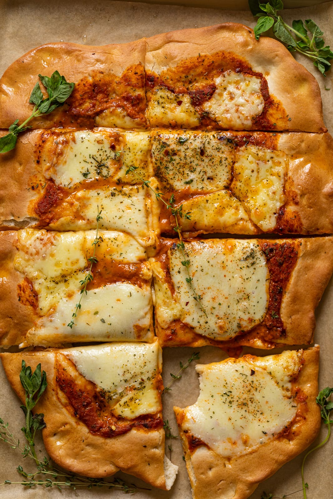 Overhead shot of Grandma’s Cheese Sheet Pan Pizza