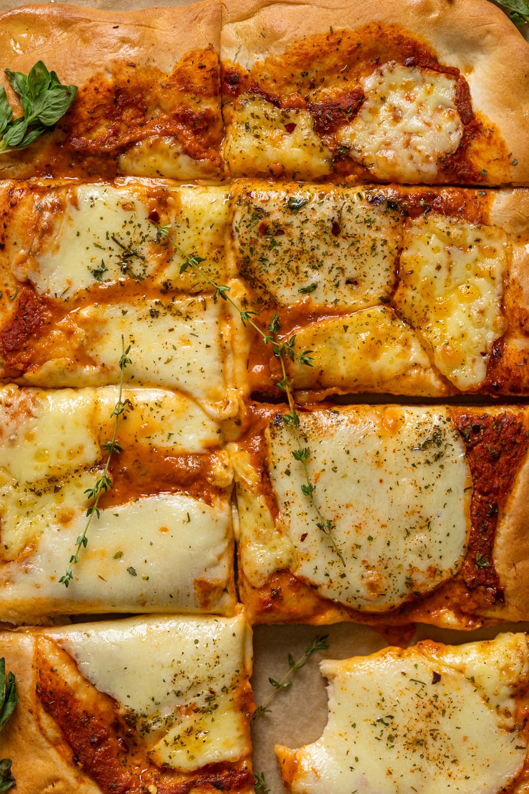 Closeup of Cheese Sheet Pan Pizza