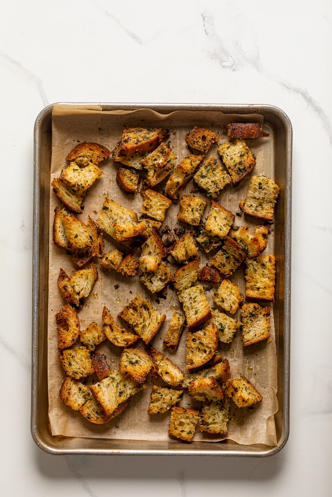 Sheet pan of Homemade Croutons 