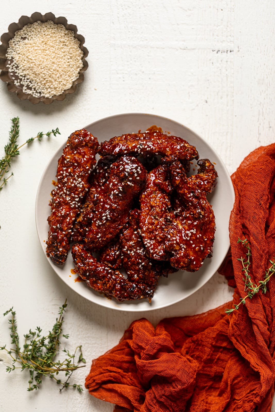 Overhead shot of a plate of Spicy Gochujang Chicken Tenders