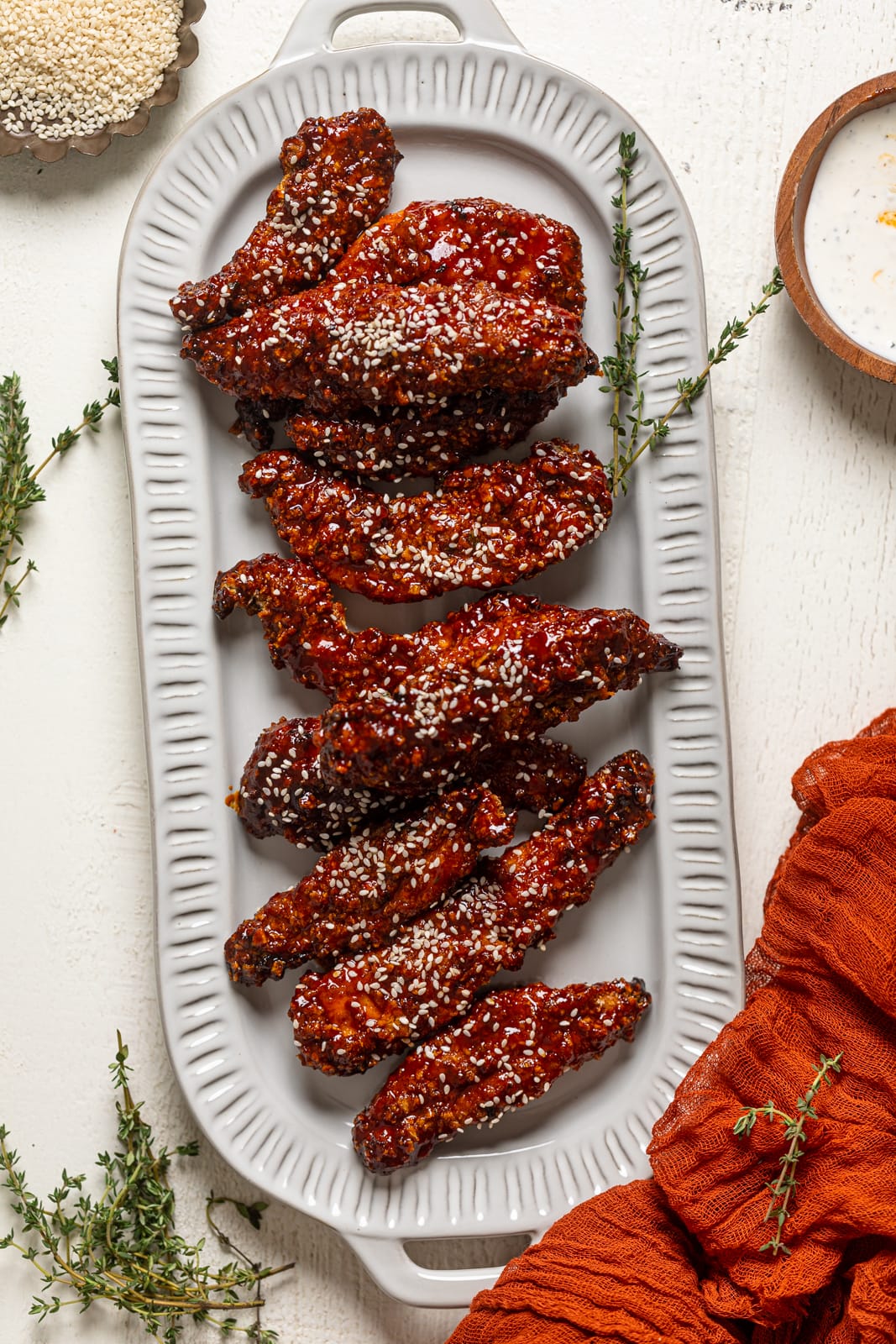 Overhead shot of a platter of Spicy Gochujang Chicken Tenders