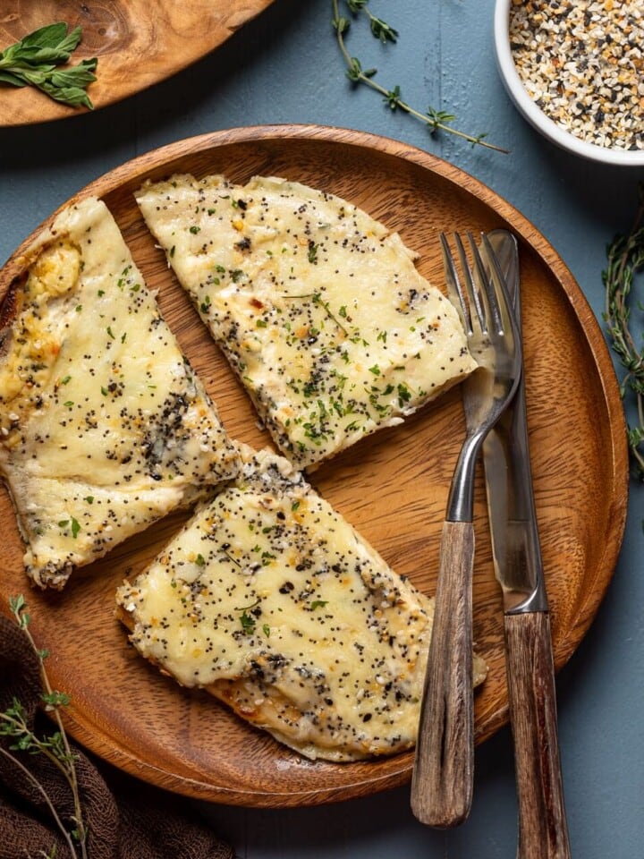 Three slices of Everything Bagel Cheese Naan Pizza on a plate