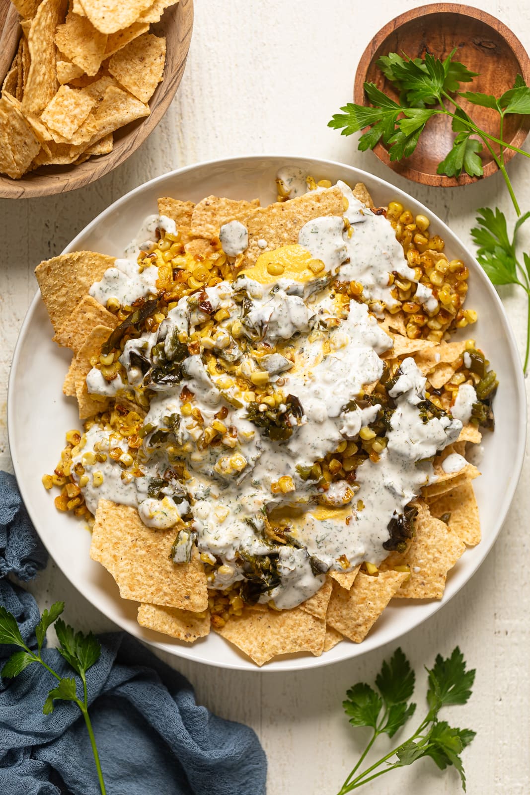 Overhead shot of a plate of Dairy-Free Mexican Street Corn Nachos