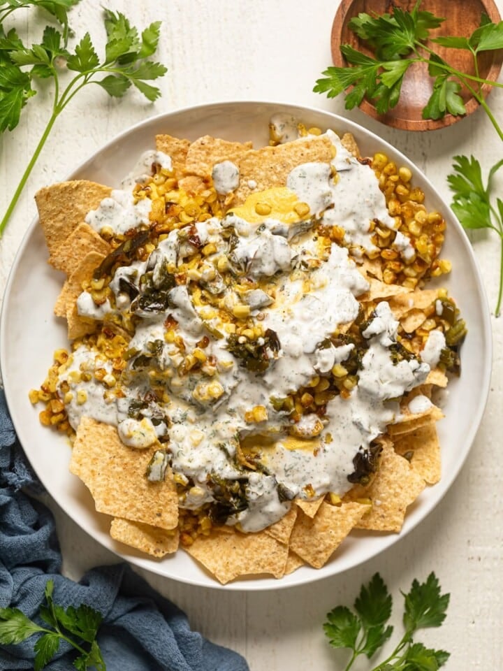 Plate of Dairy-Free Mexican Street Corn Nachos
