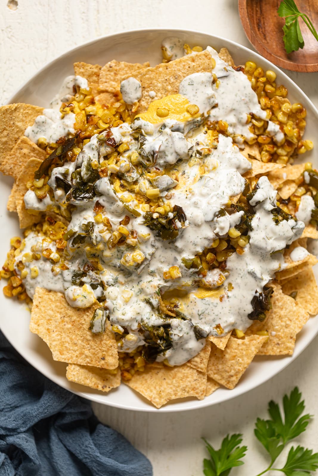 Closeup of a plate of Dairy-Free Mexican Street Corn Nachos