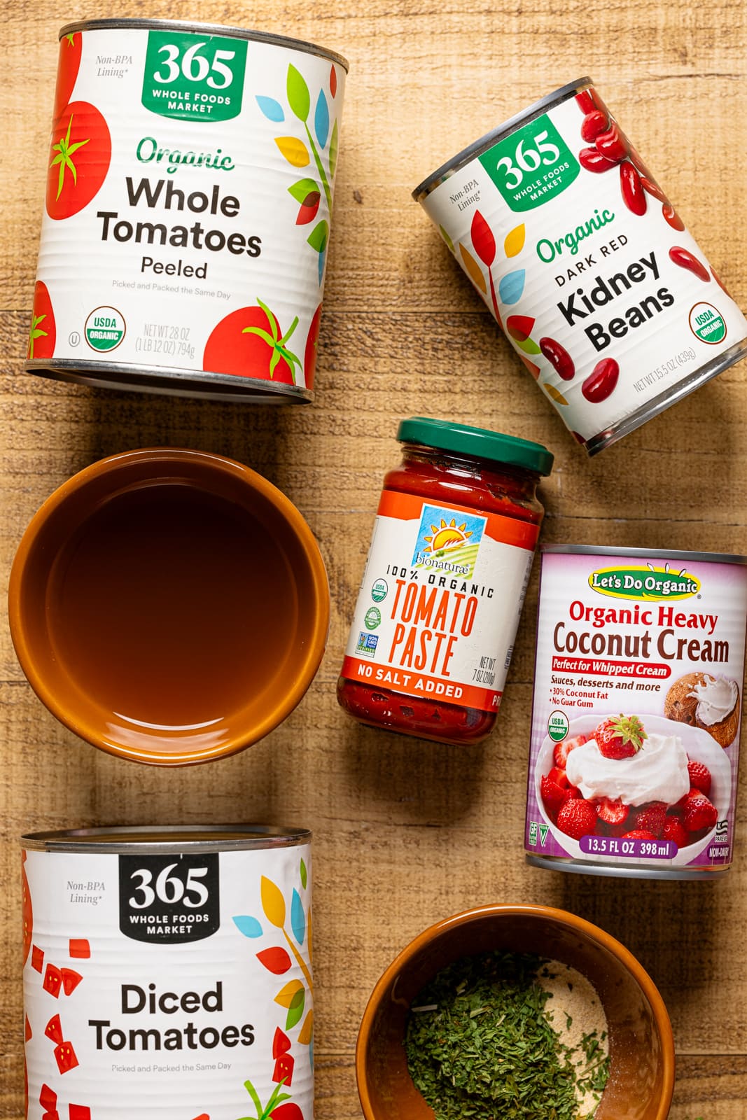 Vegan bolognese Ingredients on a wood table.