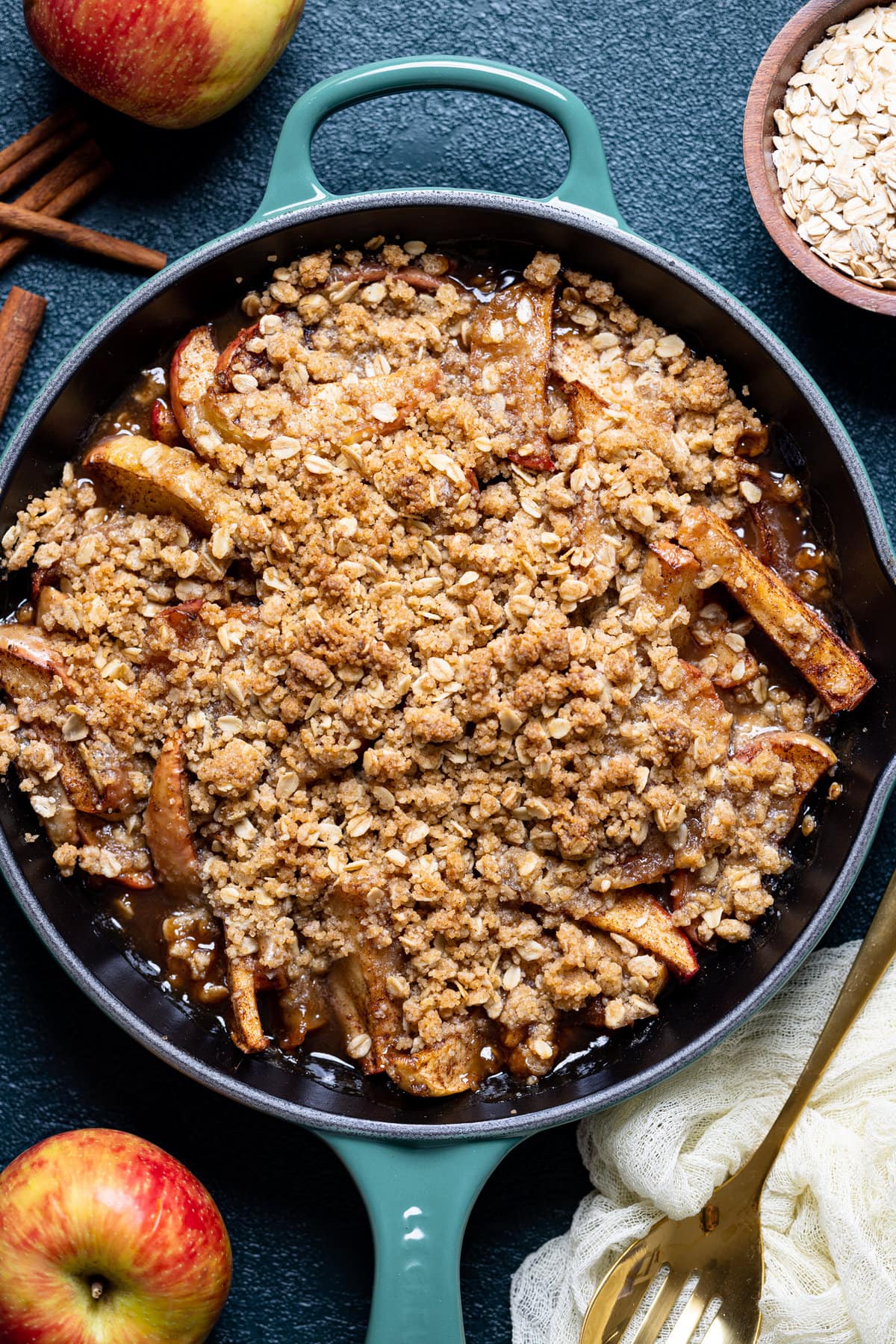 Cooked Salted Caramel Apple Crisp in a skillet