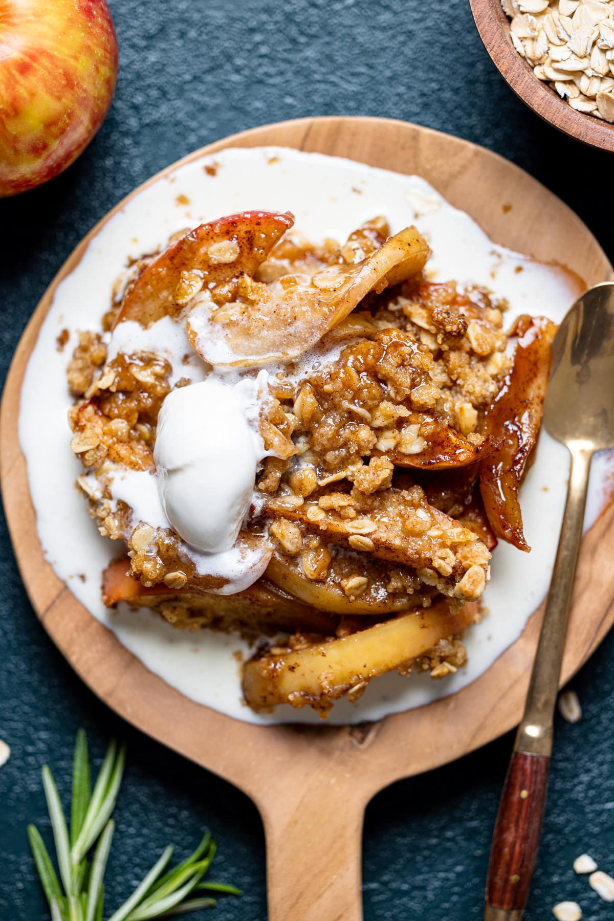 Closeup of a plate of Salted Caramel Apple Crisp