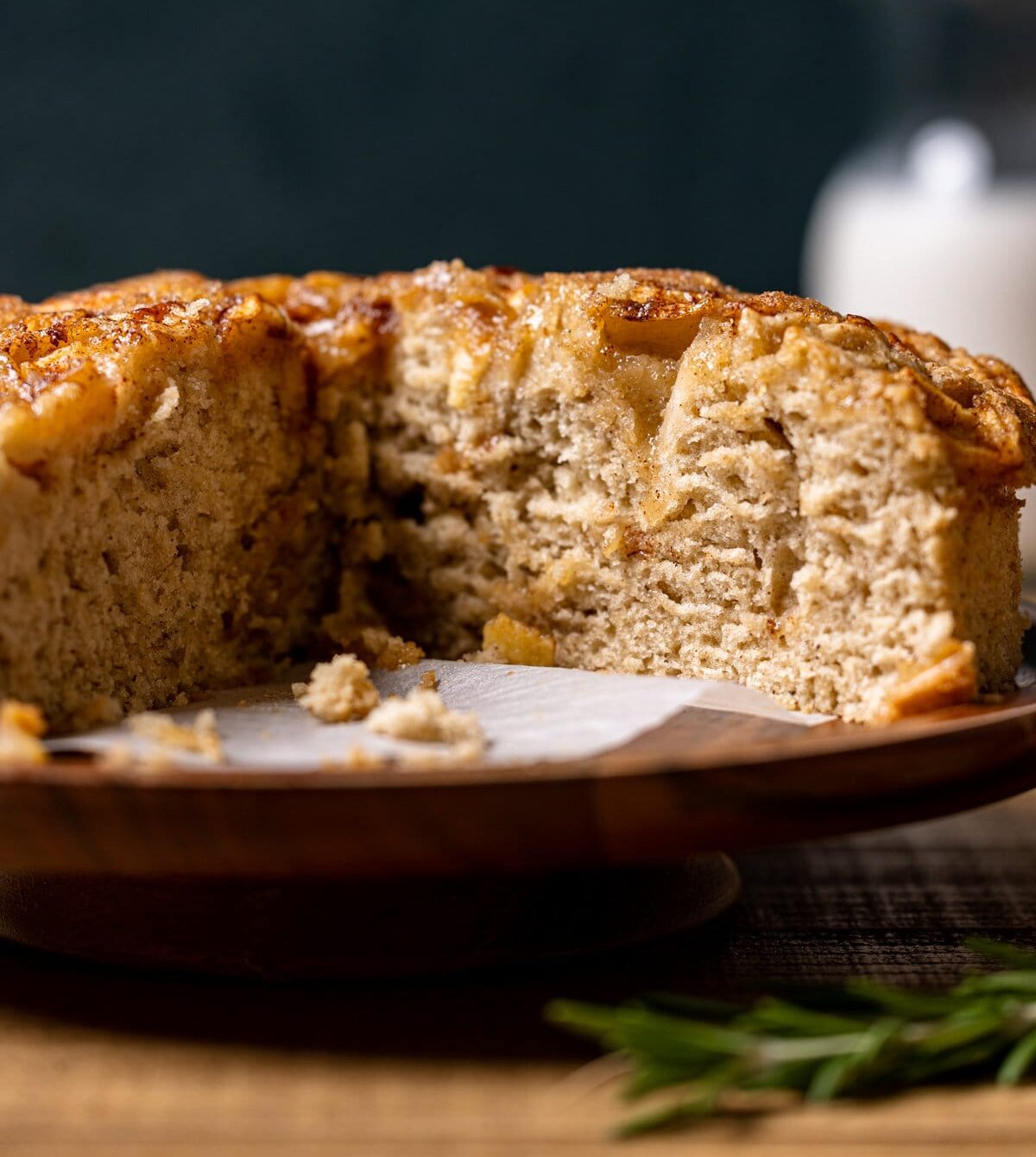 Apple Cinnamon Olive Oil Cake missing a slice one of the best fall desserts.