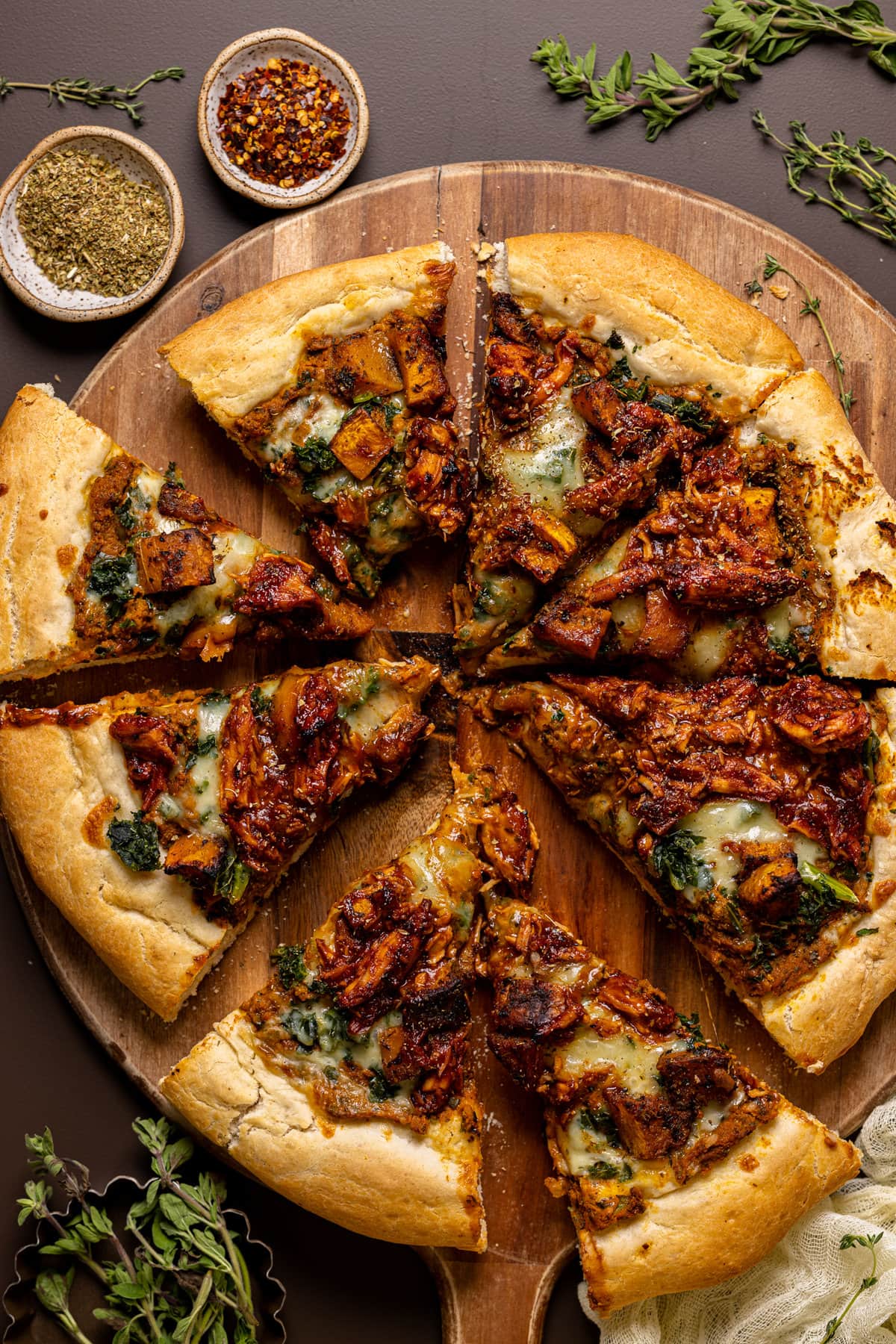 Overhead shot of sliced Pumpkin BBQ Chicken Pizza with Butternut Squash