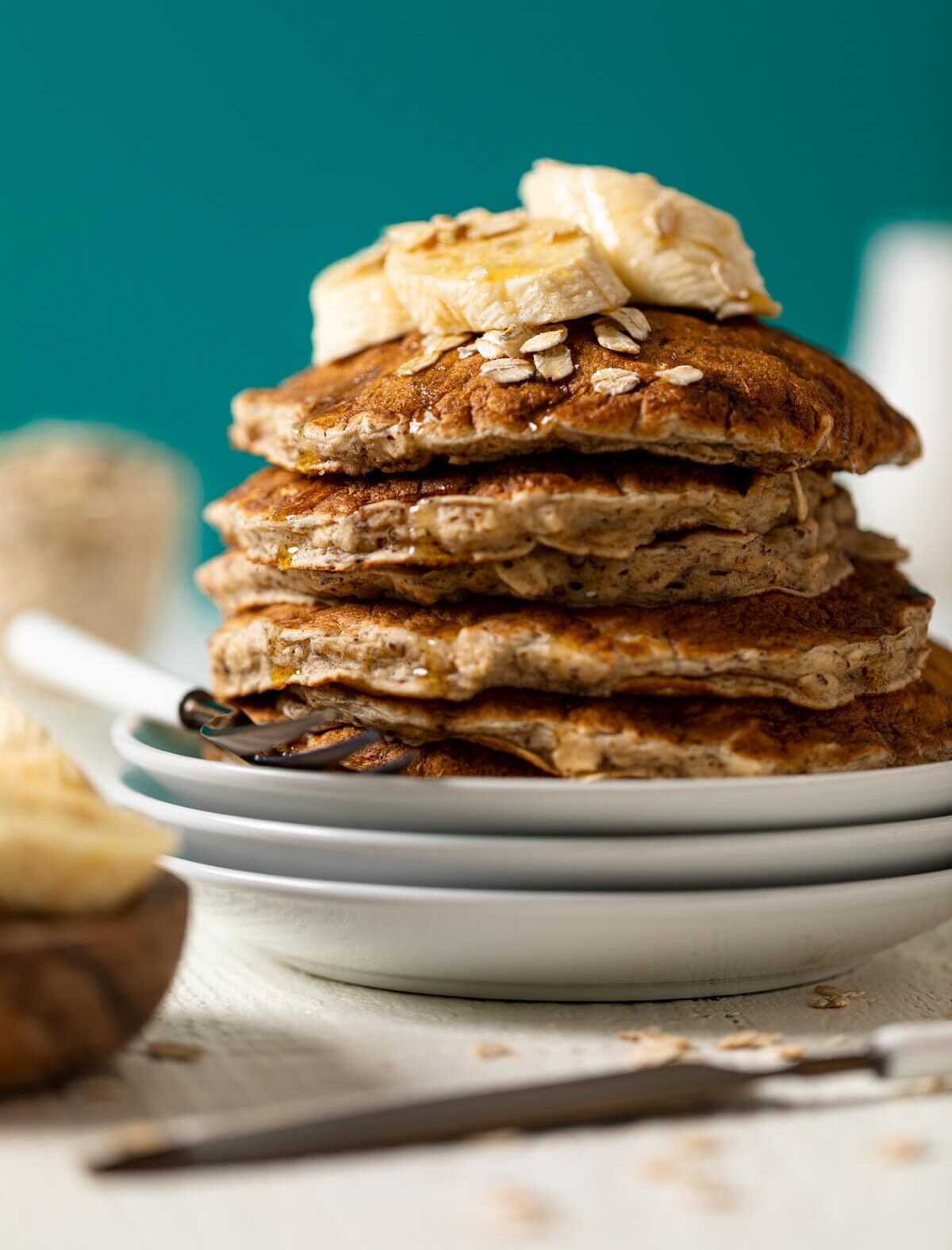 Stack of Fluffy Banana Oat Pancakes