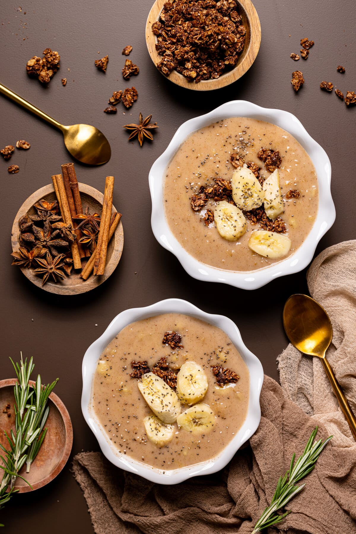 Two bowls of Banana Chai Oatmeal Porridge