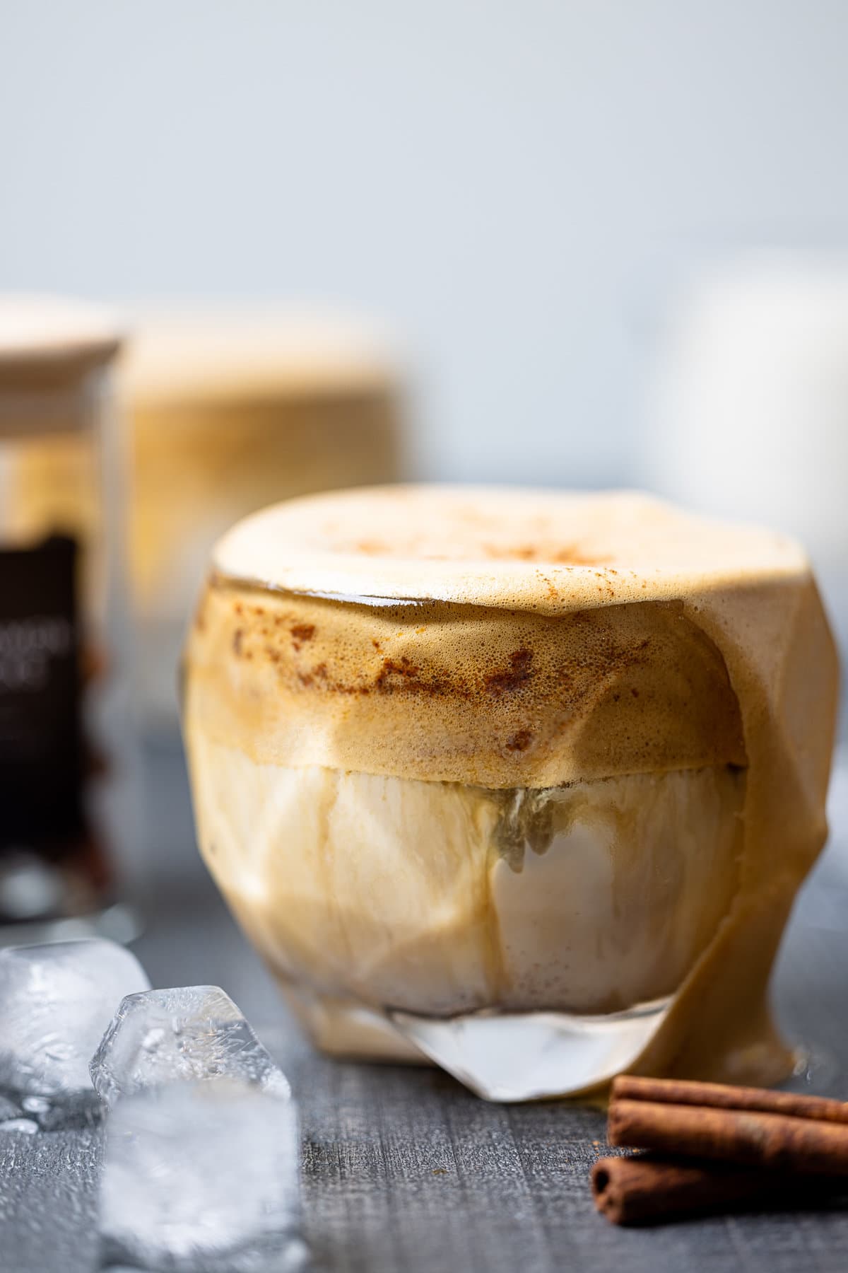 Closeup of an Iced Dalgona Coffee Vanilla Latte