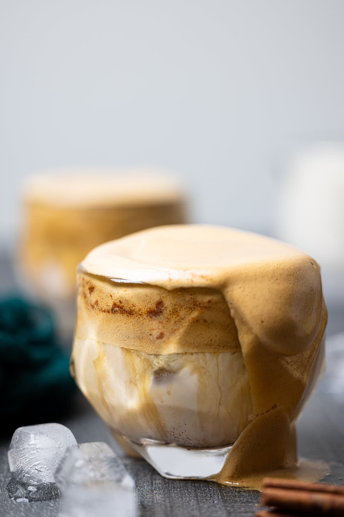 Closeup of an Iced Dalgona Coffee Vanilla Latte