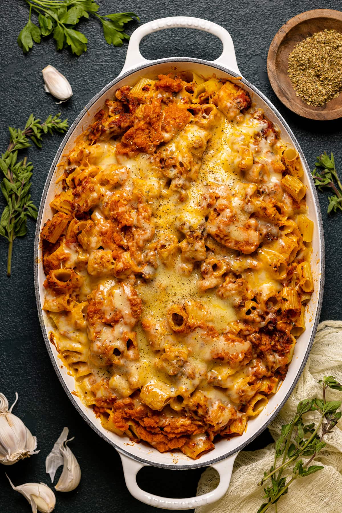 Overhead shot of a baking pan of Spicy Pumpkin Pasta Bake