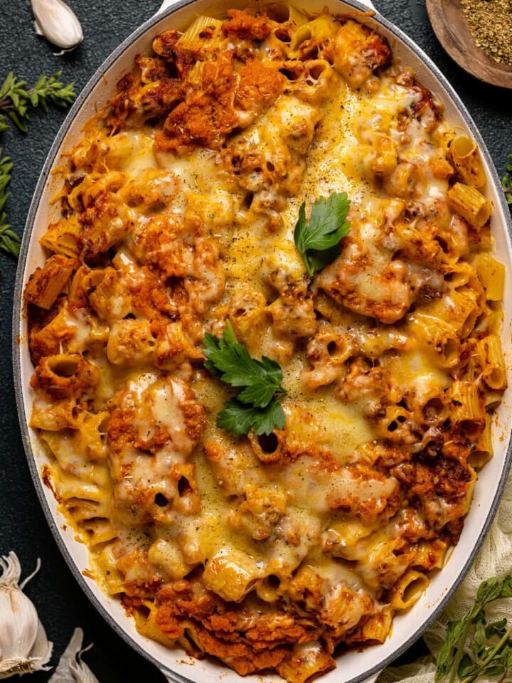 Baking pan of Spicy Pumpkin Pasta Bake