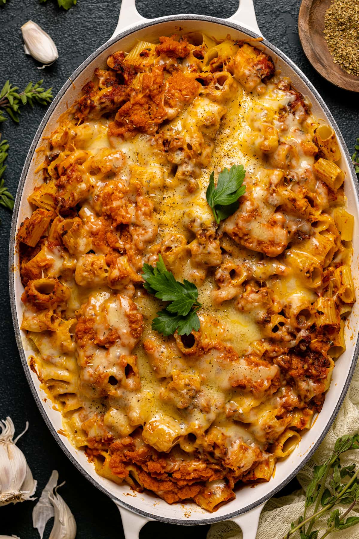 Baking pan of Spicy Pumpkin Pasta Bake