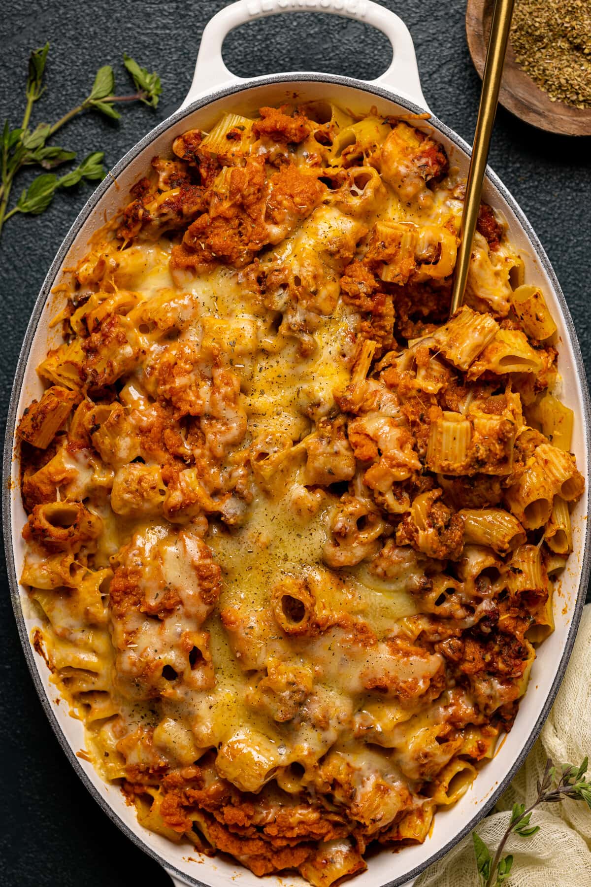 Closeup of a Spicy Pumpkin Pasta Bake