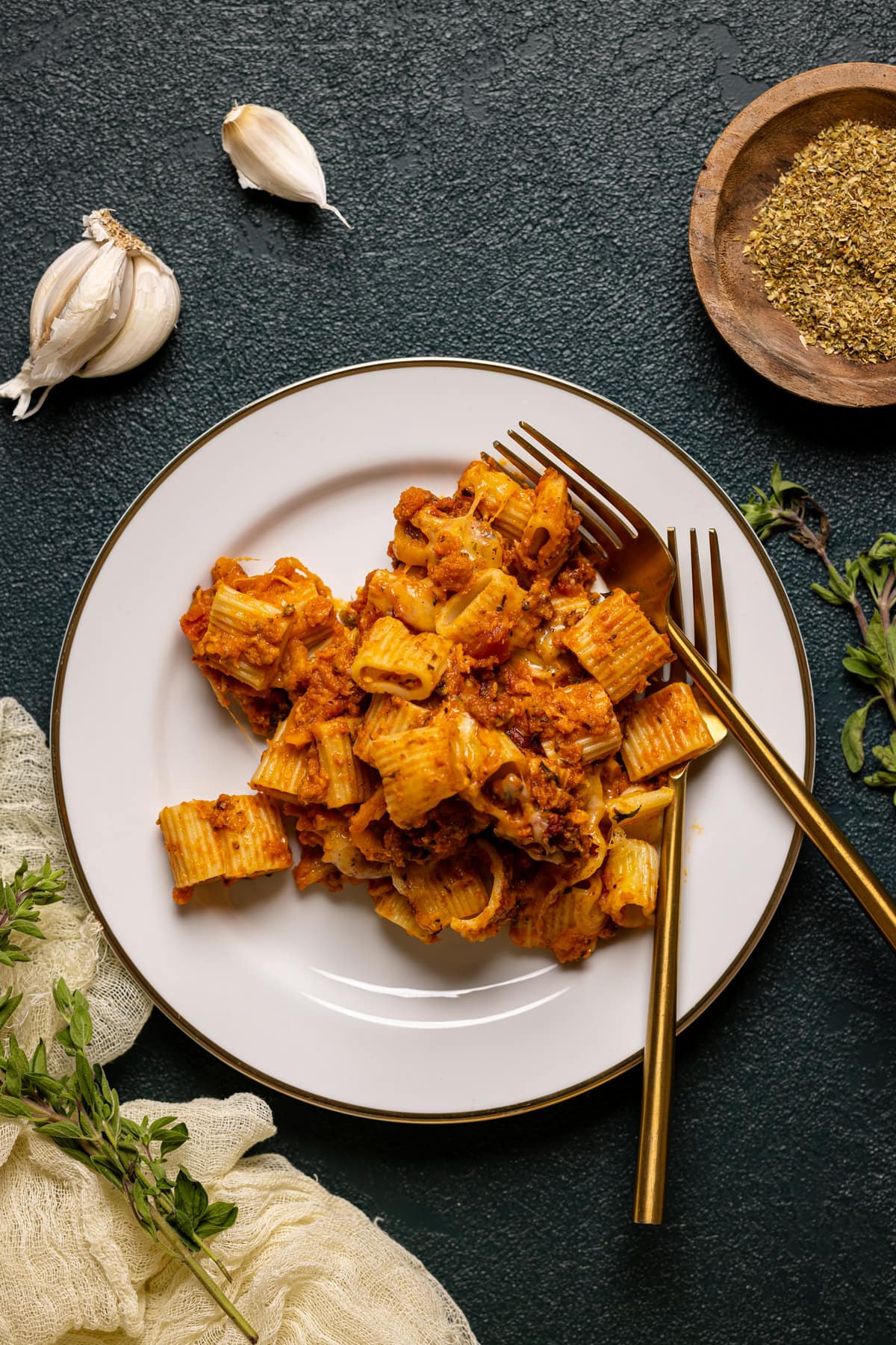 Overhead shot of a plate of Spicy Pumpkin Pasta Bake