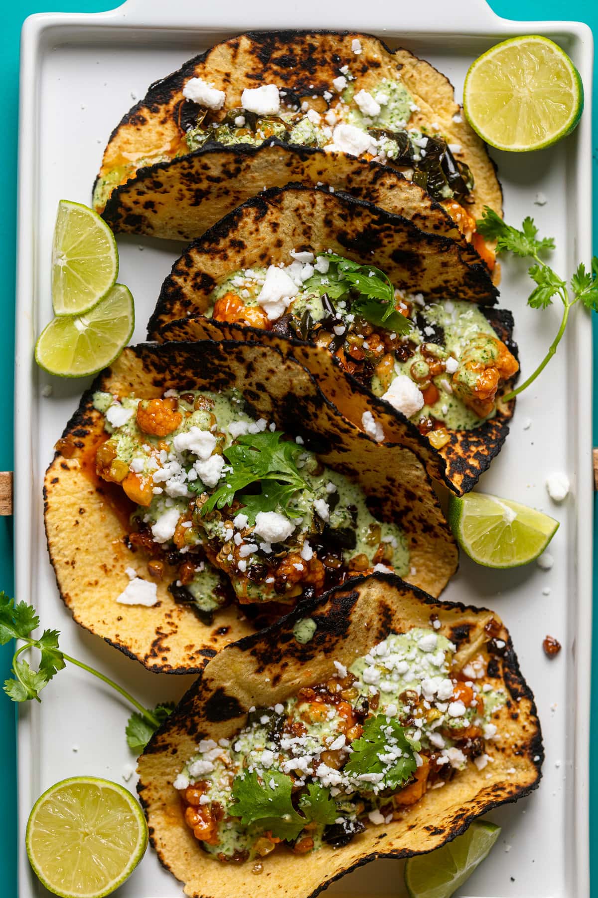 Overhead shot of a plate of Vegan Gochujang Cauliflower Tacos