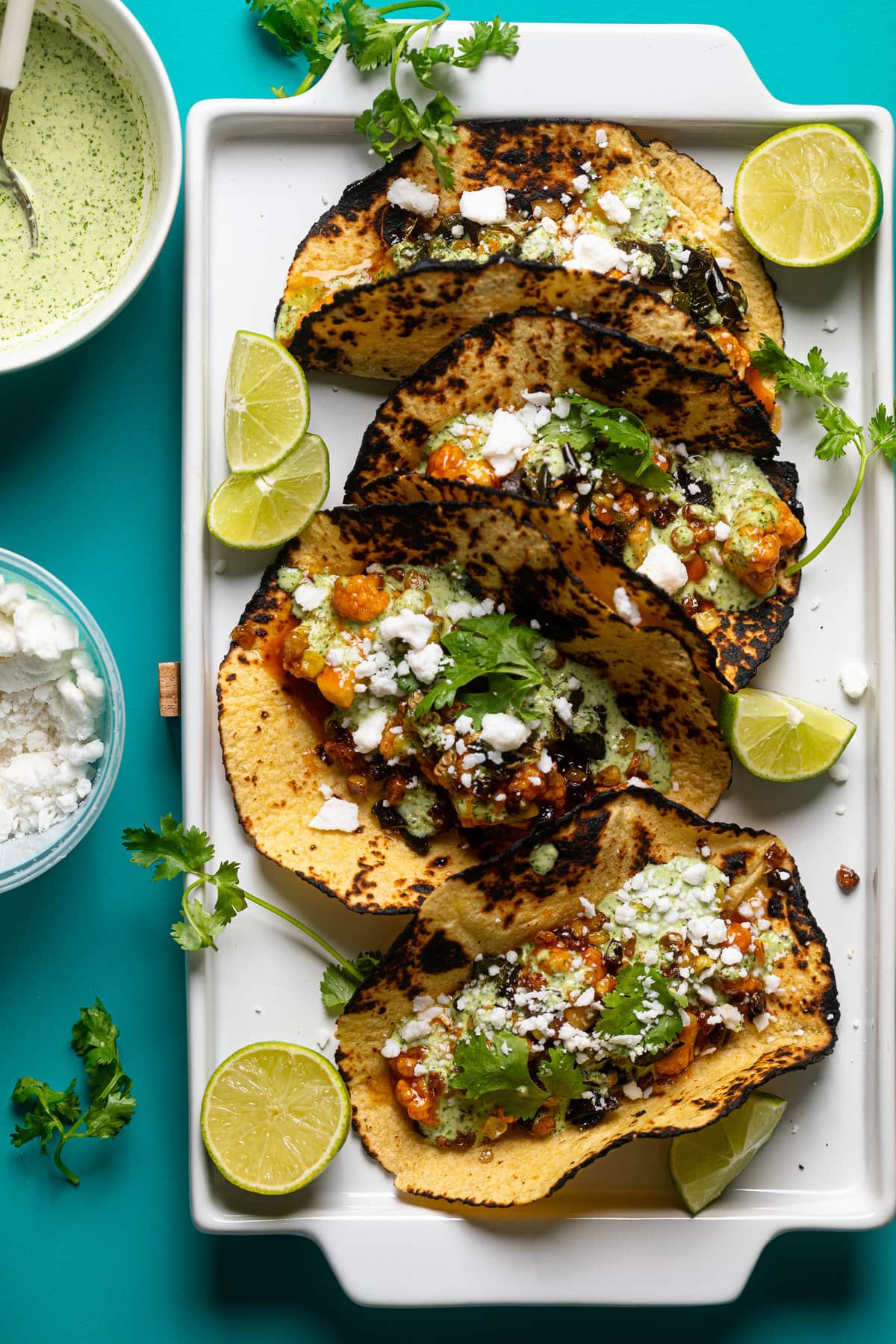 Overhead shot of a plate of Vegan Gochujang Cauliflower Tacos