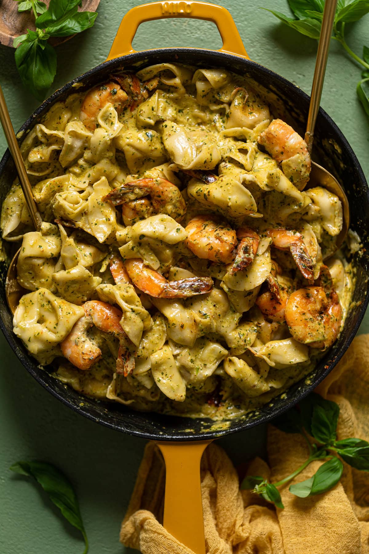 Closeup of Creamy Shrimp Pesto Tortellini Pasta