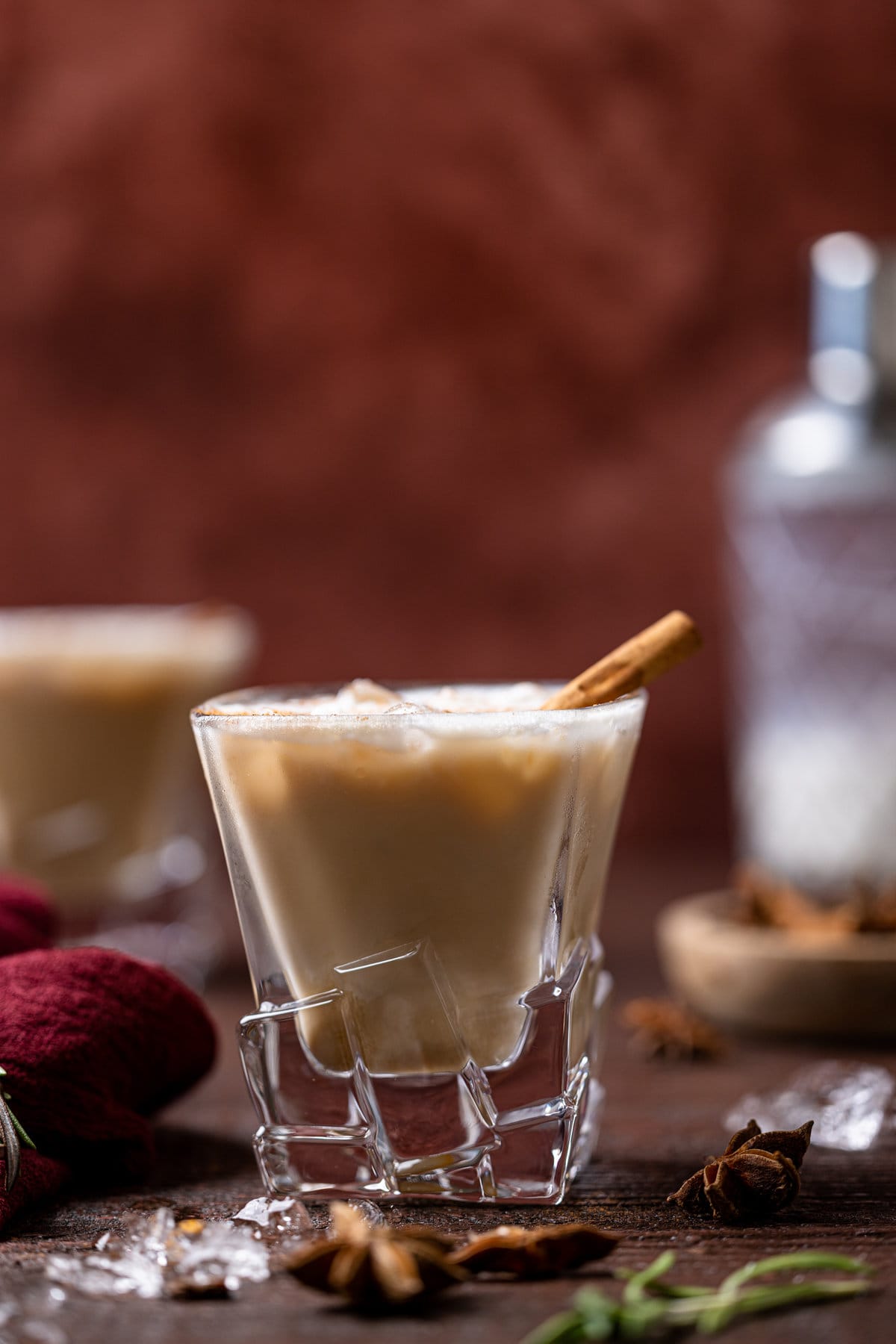 Closeup of a White Russian Mocktail in decorative glassware