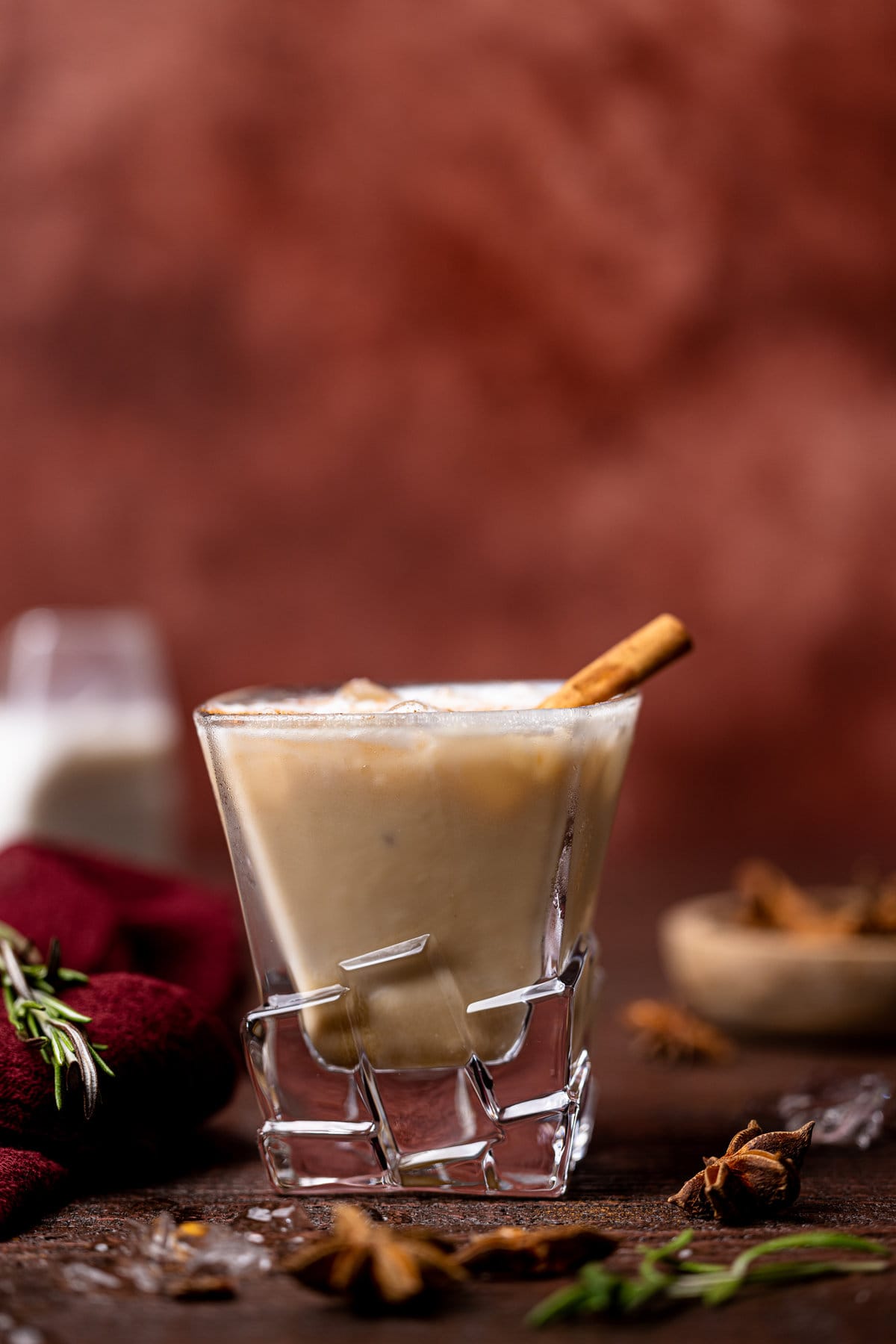 Closeup of a White Russian Mocktail in decorative glassware