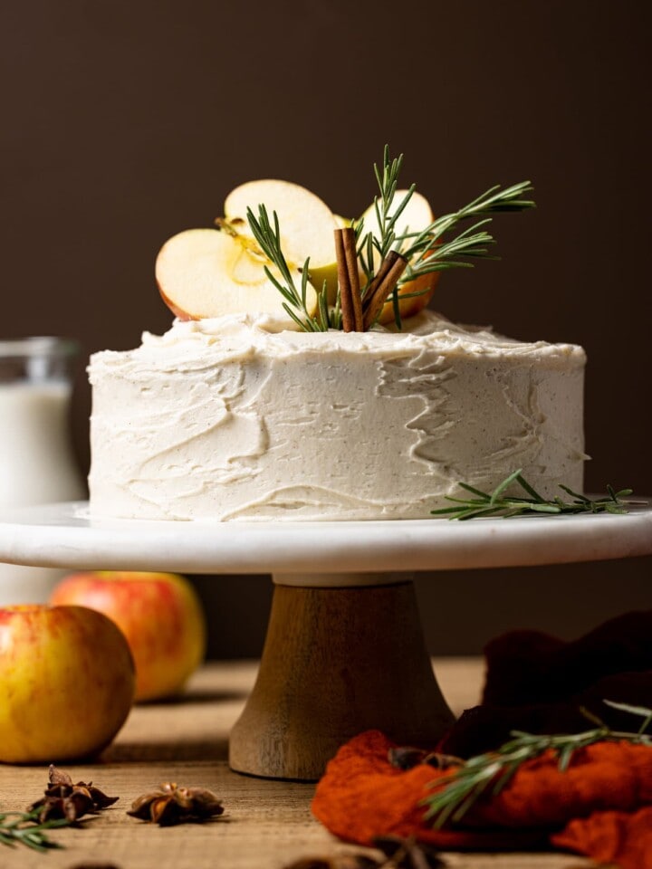 Apple Cider Cake with Cinnamon Maple Buttercream on a serving platter