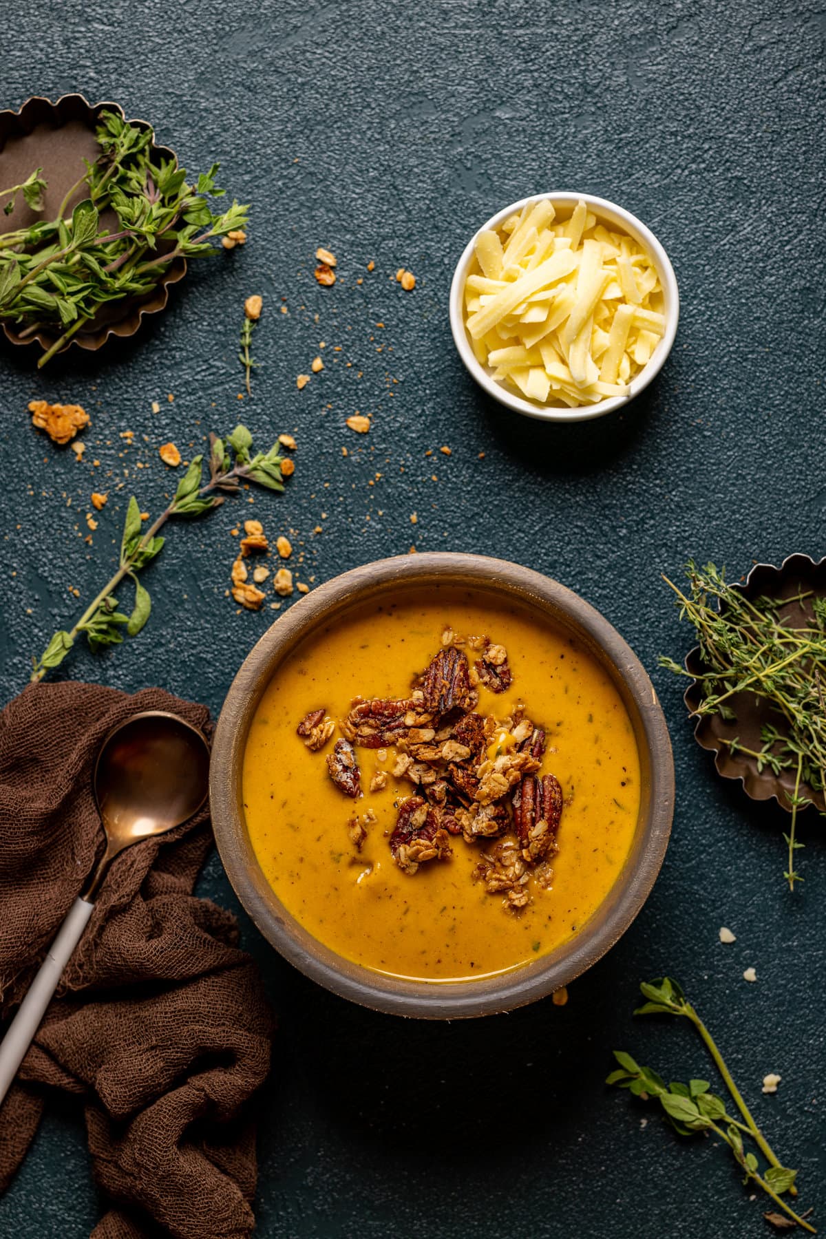 Overhead shot of a bowl of Apple Cheddar Sweet Potato Soup