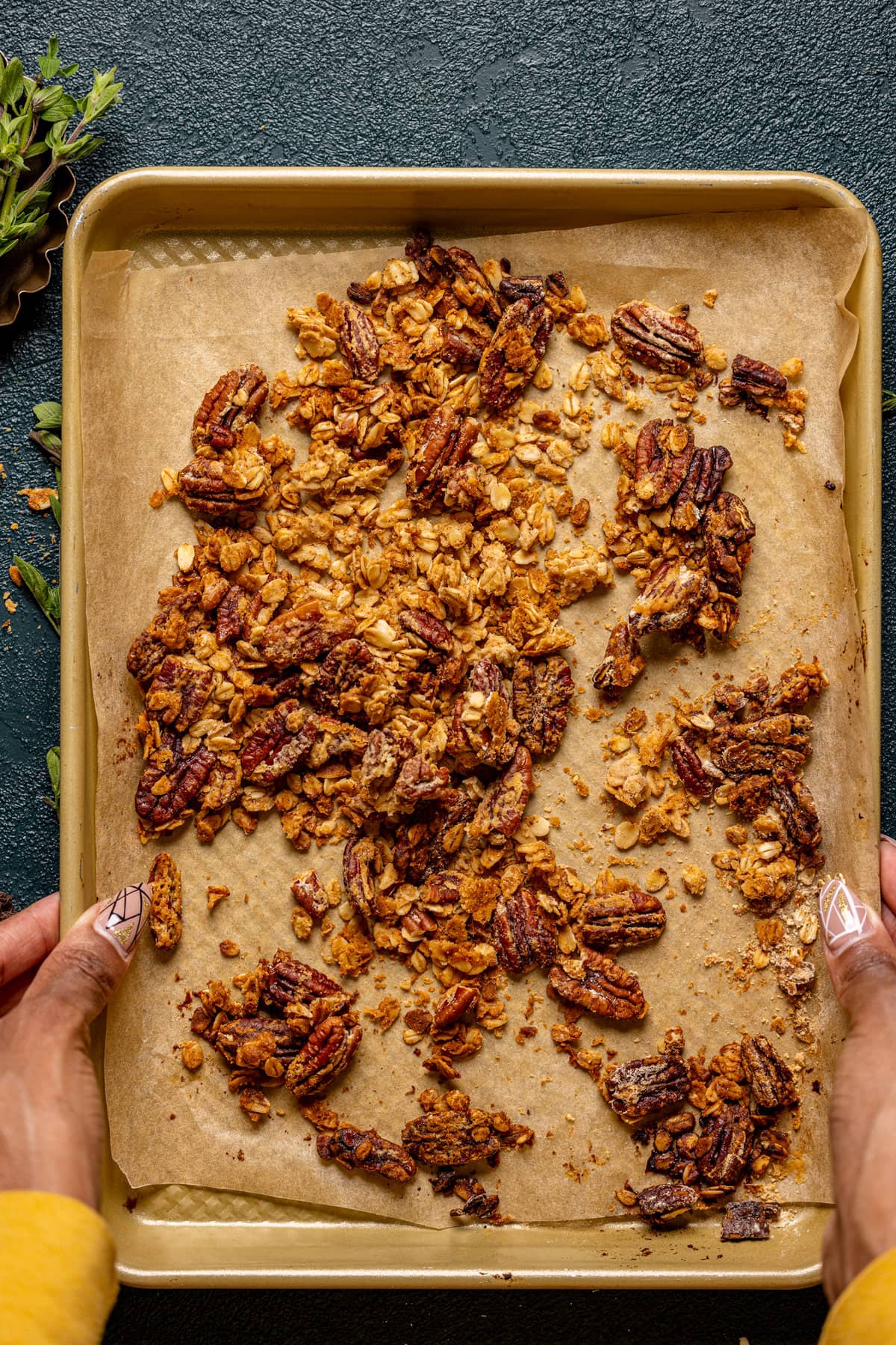 Sheet pan of cinnamon pecan topping