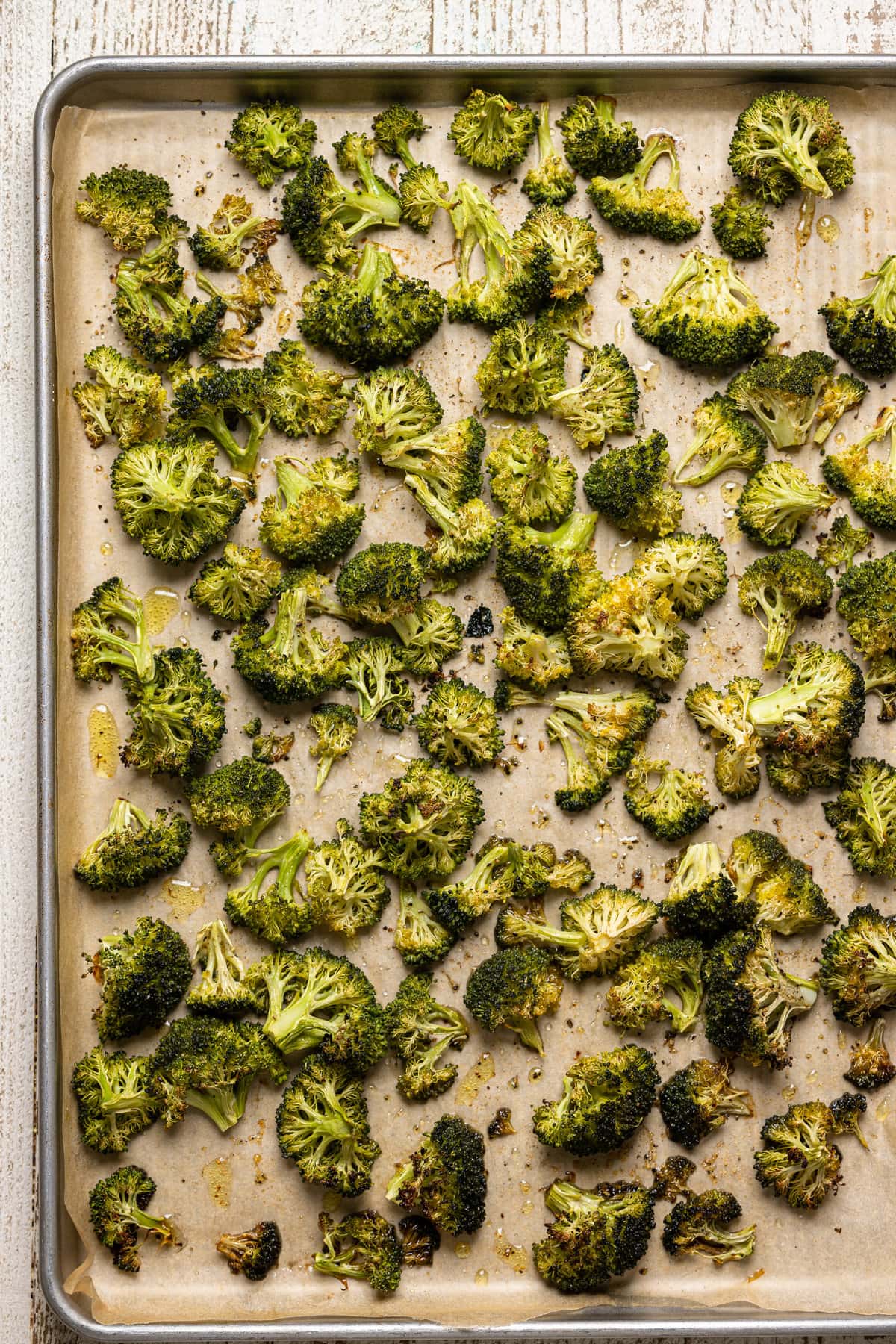 Sheet pan of roasted broccoli