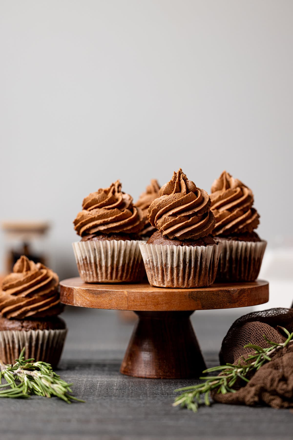 Wooden serving platter of Chocolate Sweet Potato Cupcakes