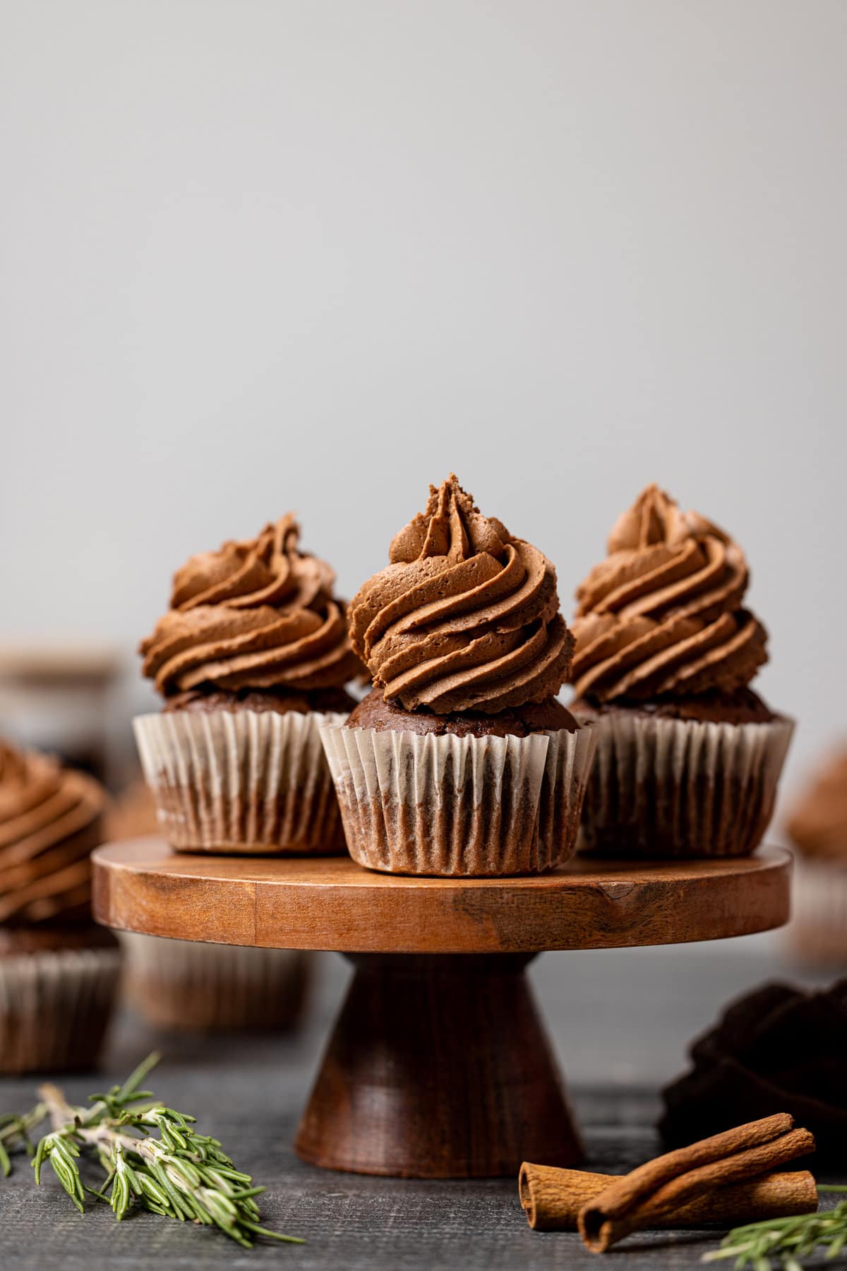 Wooden serving platter of Chocolate Sweet Potato Cupcakes