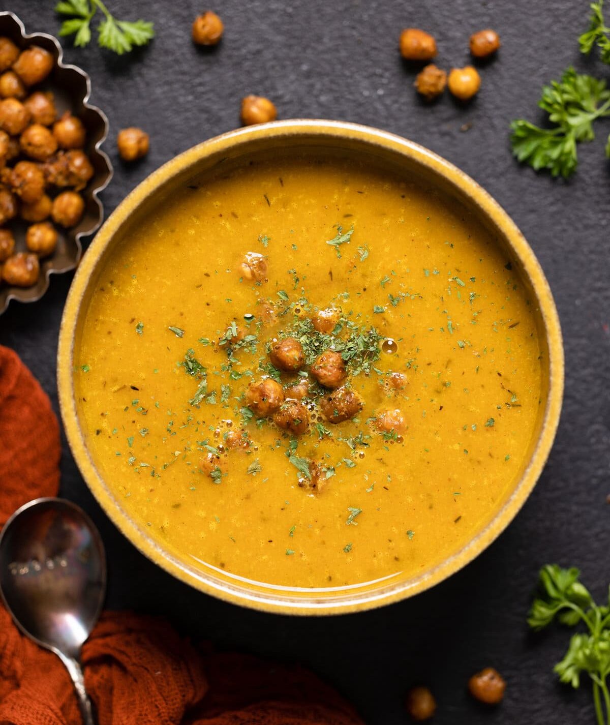 Bowl of Spicy Curry Pumpkin Soup with Chickpeas