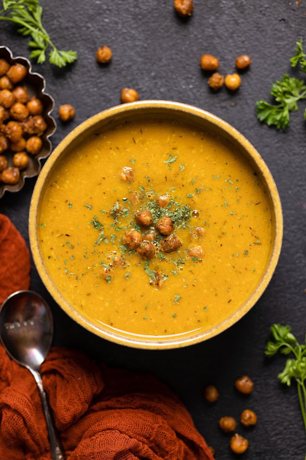 Bowl of Spicy Curry Pumpkin Soup with Chickpeas