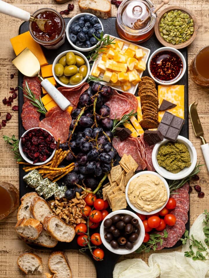 Overhead shot of a full and colorful Charcuterie Board