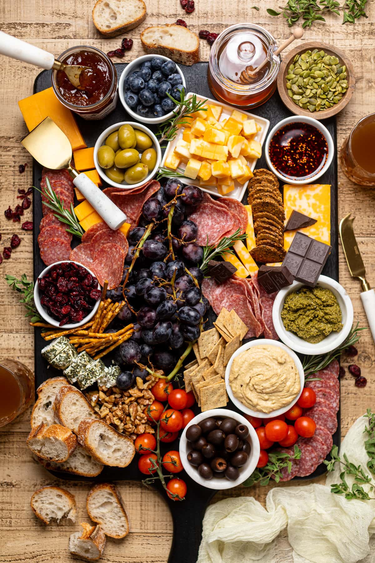 Overhead shot of a full and colorful Charcuterie Board