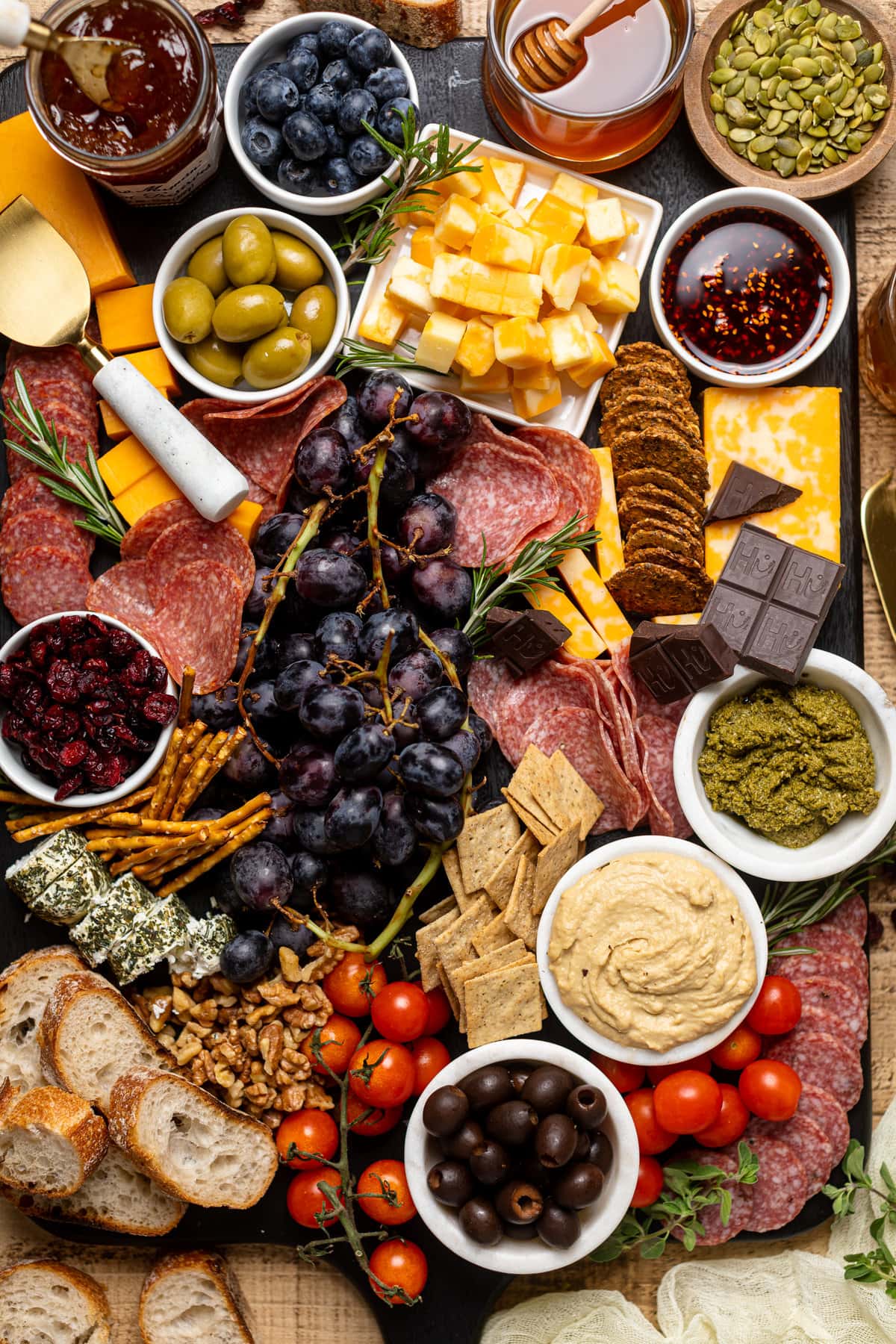 Closeup of a colorful and extensive Charcuterie Board