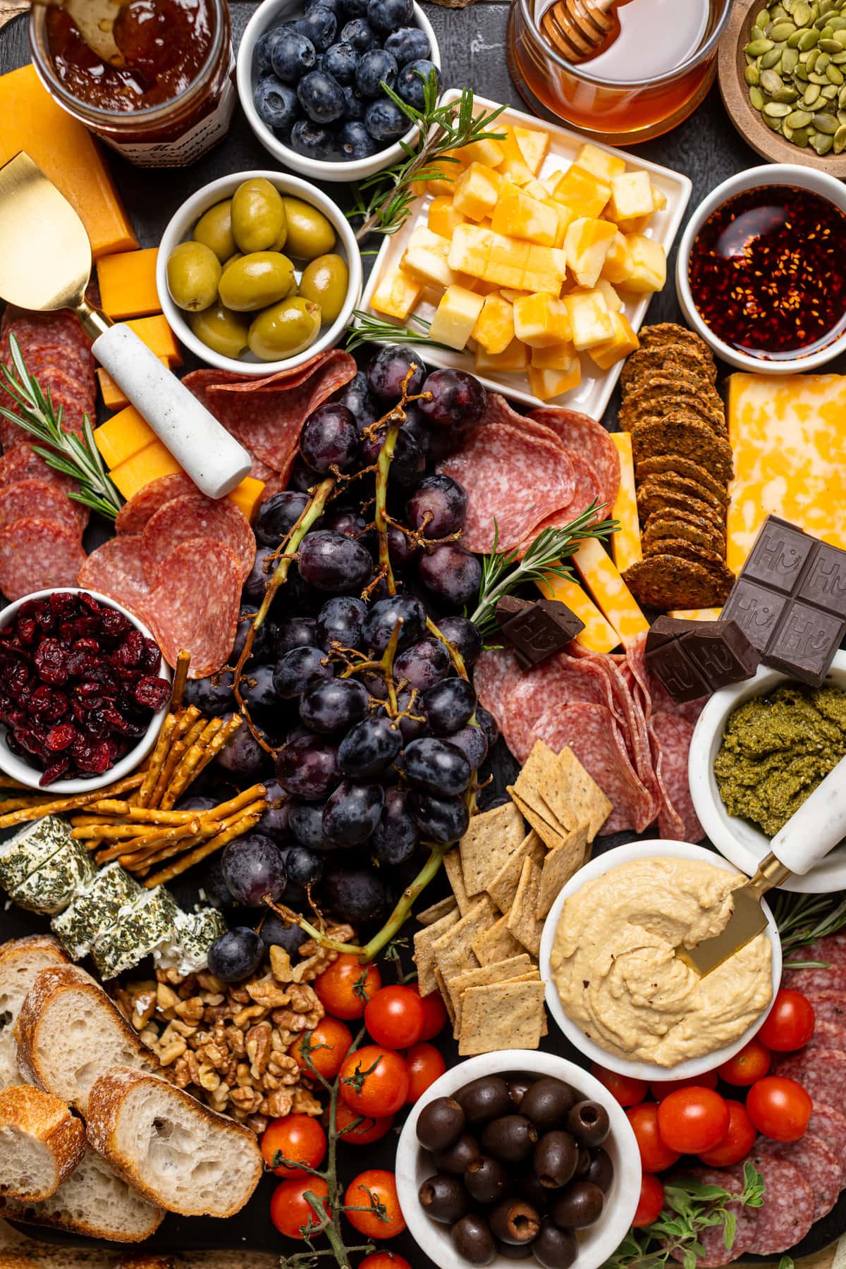 Overhead shot of a colorful and extensive Charcuterie Board