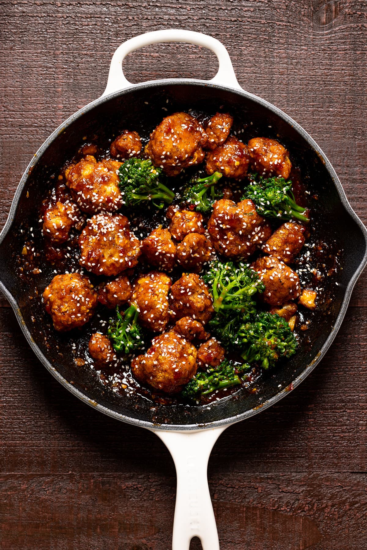 Plant-based Sesame ‘Chicken\' and broccoli in a skillet