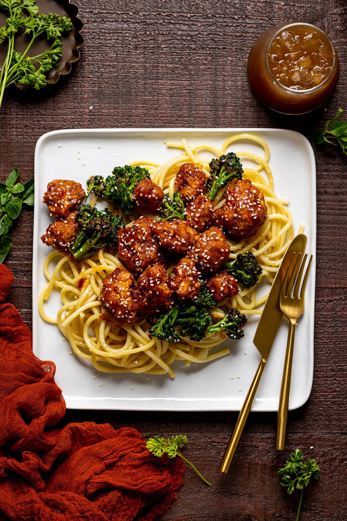 Overhead shot of a plate of Plant-based Sesame ‘Chicken\' with Noodles