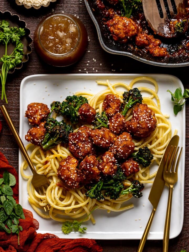 Plate of Plant-based Sesame ‘Chicken' with Noodles