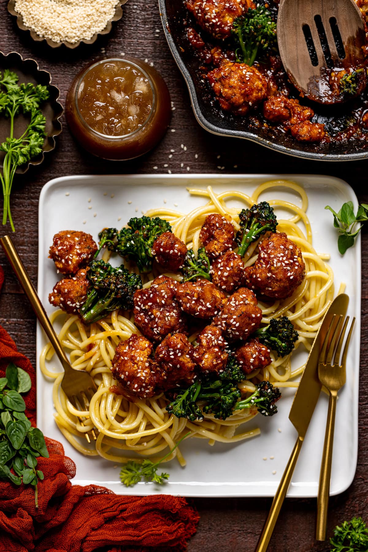 Plate of Plant-based Sesame ‘Chicken\' with Noodles